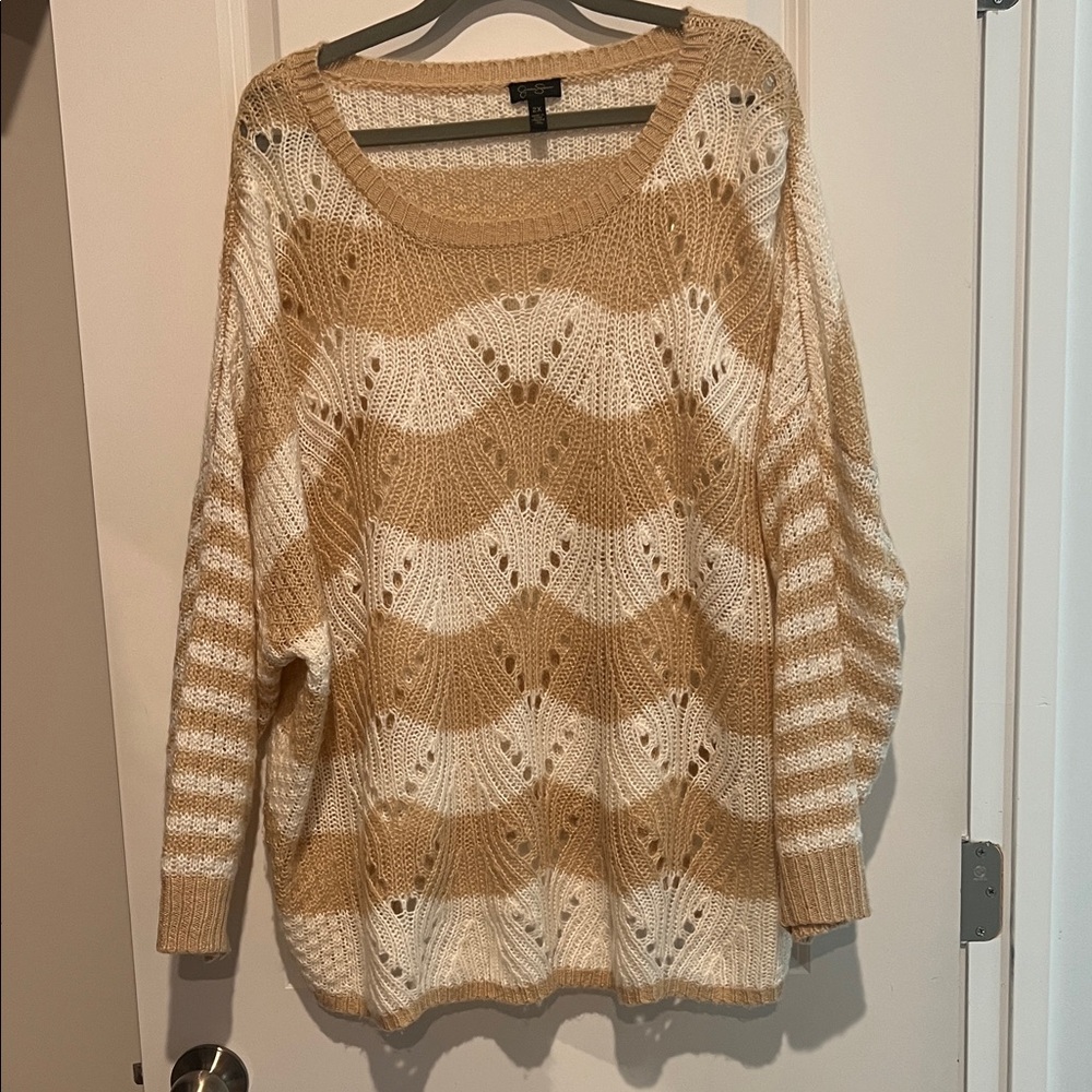 Jessica Simpson Open-Knit Striped Scoop Neck Sweater - Beige & White
